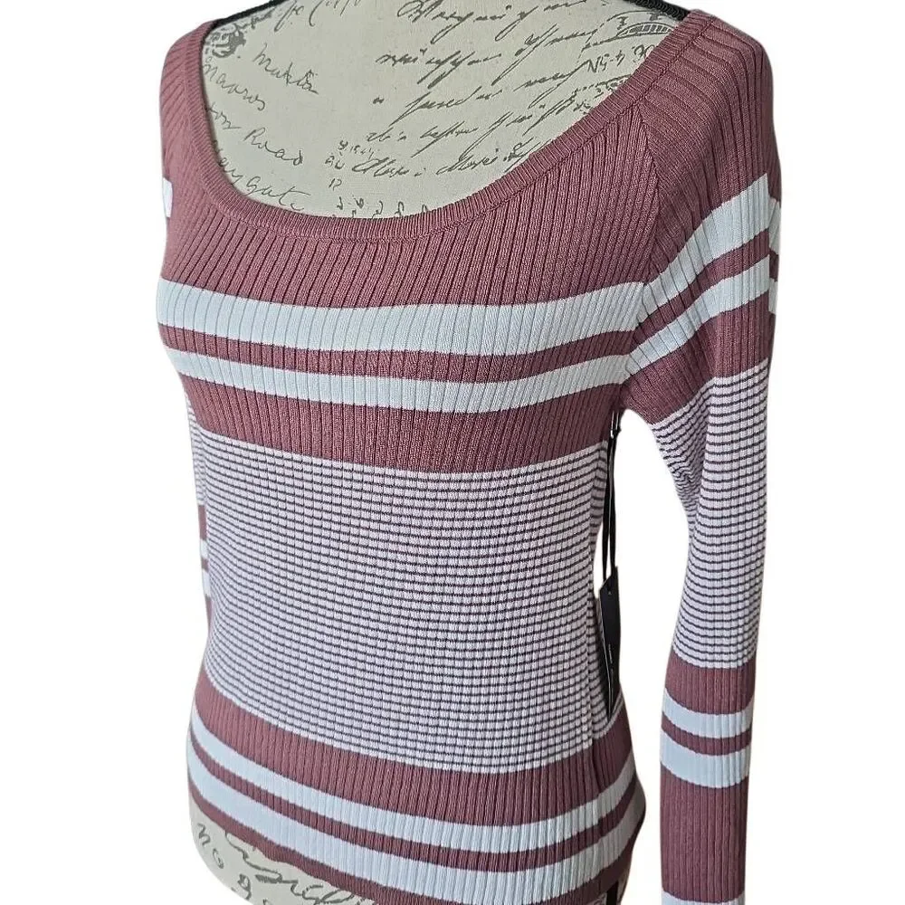 Closet Space Women's Size XL Mauve White Striped Ribbed Scoop Neck Knit Top